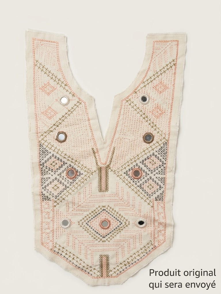 Col-brod-0000001 Col plastron brodé en coton écru avec miroirs shisha et motifs géométriques pêche.