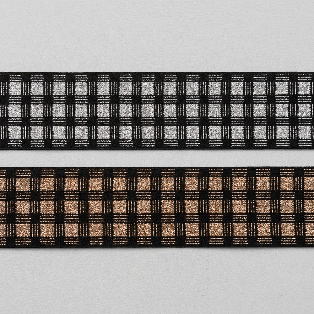 ELAST-FANT-0000002-40MM Texte alternatif global (Balise Alt image mise en avant) : Galon élastique fantaisie tissé de 40 mm à motif géométrique échiquier quadrillé noir enrichi de fils métallisés argentés ou bronze, offrant une tension ferme qui ne roule pas pour la confection de ceintures apparentes, jupes, pantalons et accessoires créatifs.