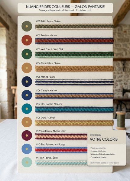 Galon coton fantaisie tressé avec liserés en fil doré et lisières festonnées largeur 20 mm, ruban décoratif au mètre décliné en 11 coloris pour la customisation de robes, vestes, encolures, poches et accessoires de mercerie.